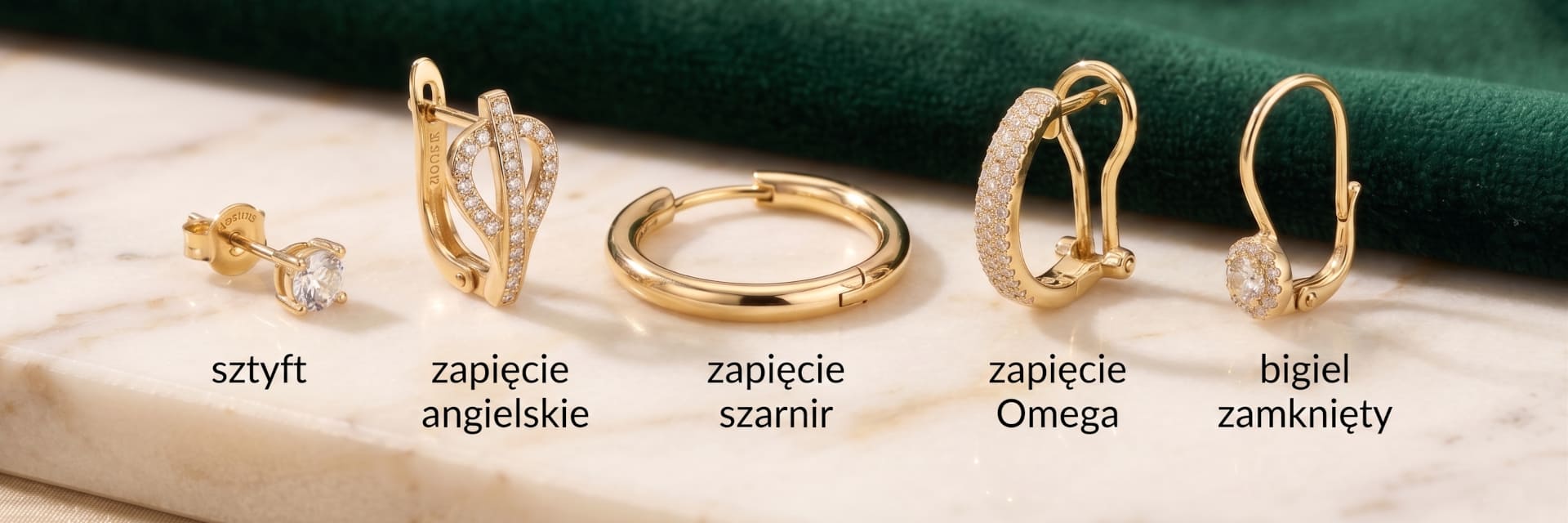 An arrangement of different types of 585 fineness gold earring backs on a marble countertop at the Złocisto store.